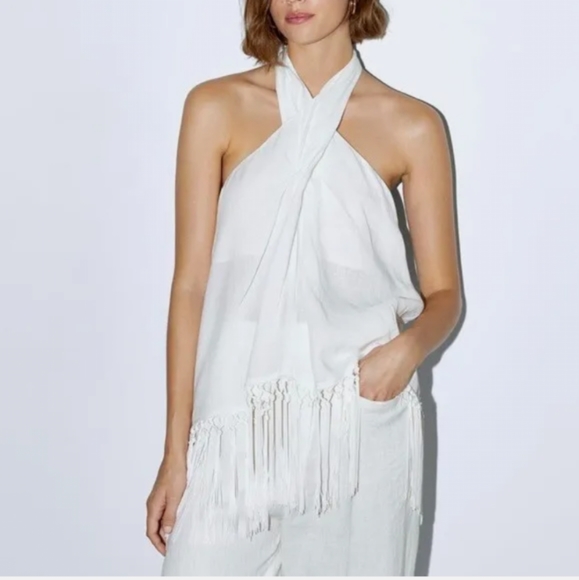 Zara Tops Zara White Linen Halter Fringe Hem Sz S Poshmark